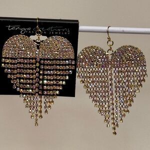 Heart Shaped Gold Earrings with Cascading Fringe 3.25 inch
